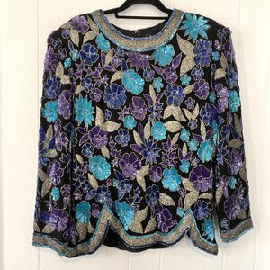 Vtg Marshall Field Womens 1XL Shirt Top Heavily Beaded Sequins 100% Silk Blue